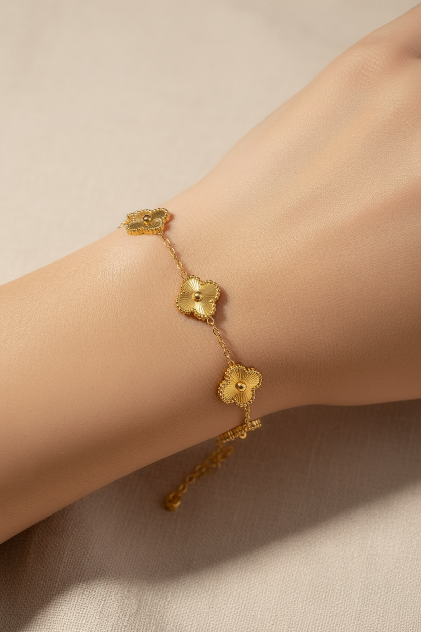 All Gold Clover Bracelet on Wrist Linen