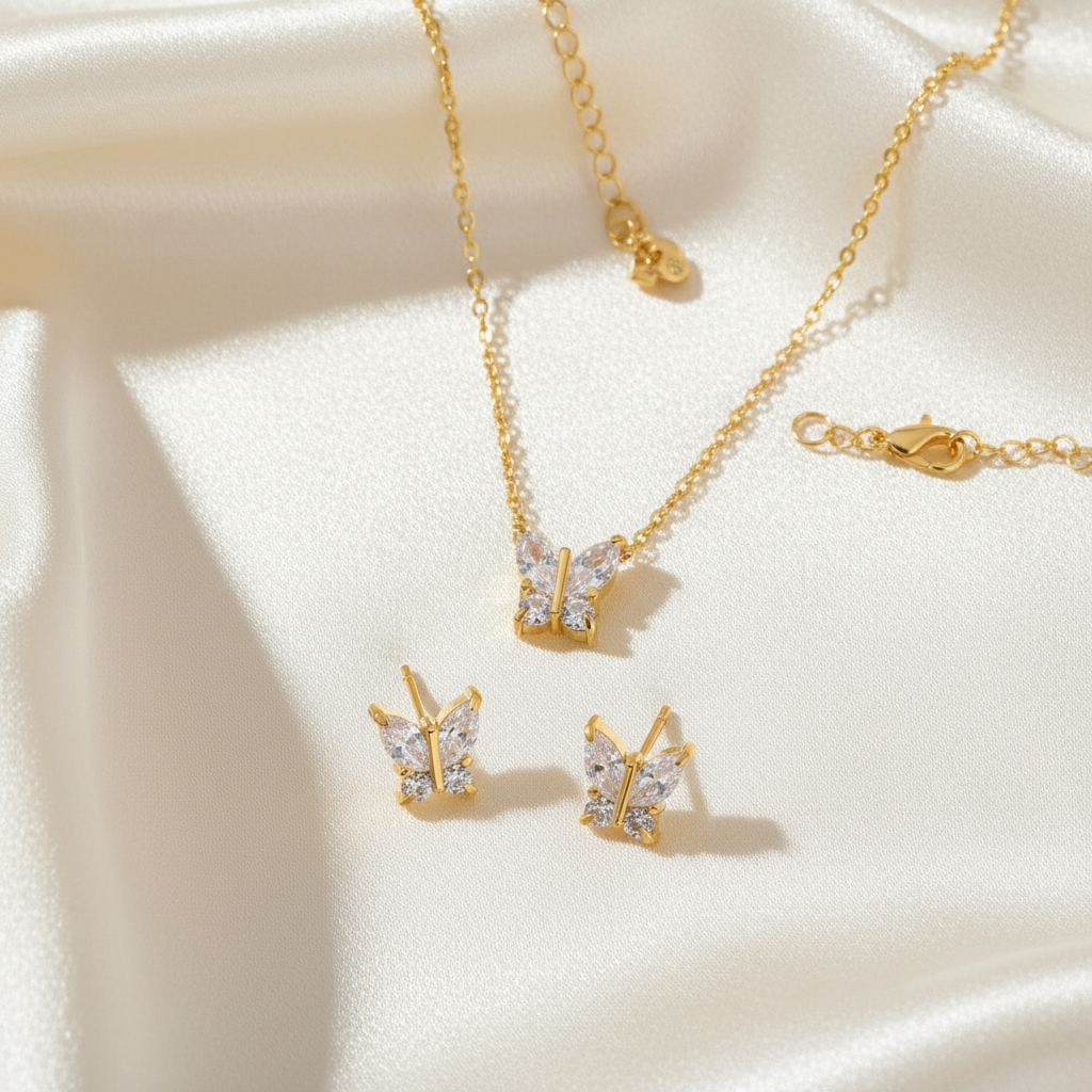 Butterfly CZ Necklace & Earring Set Flat Lay