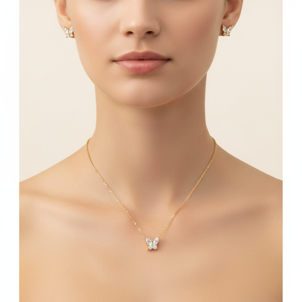 Butterfly CZ Necklace & Earring Set On Model