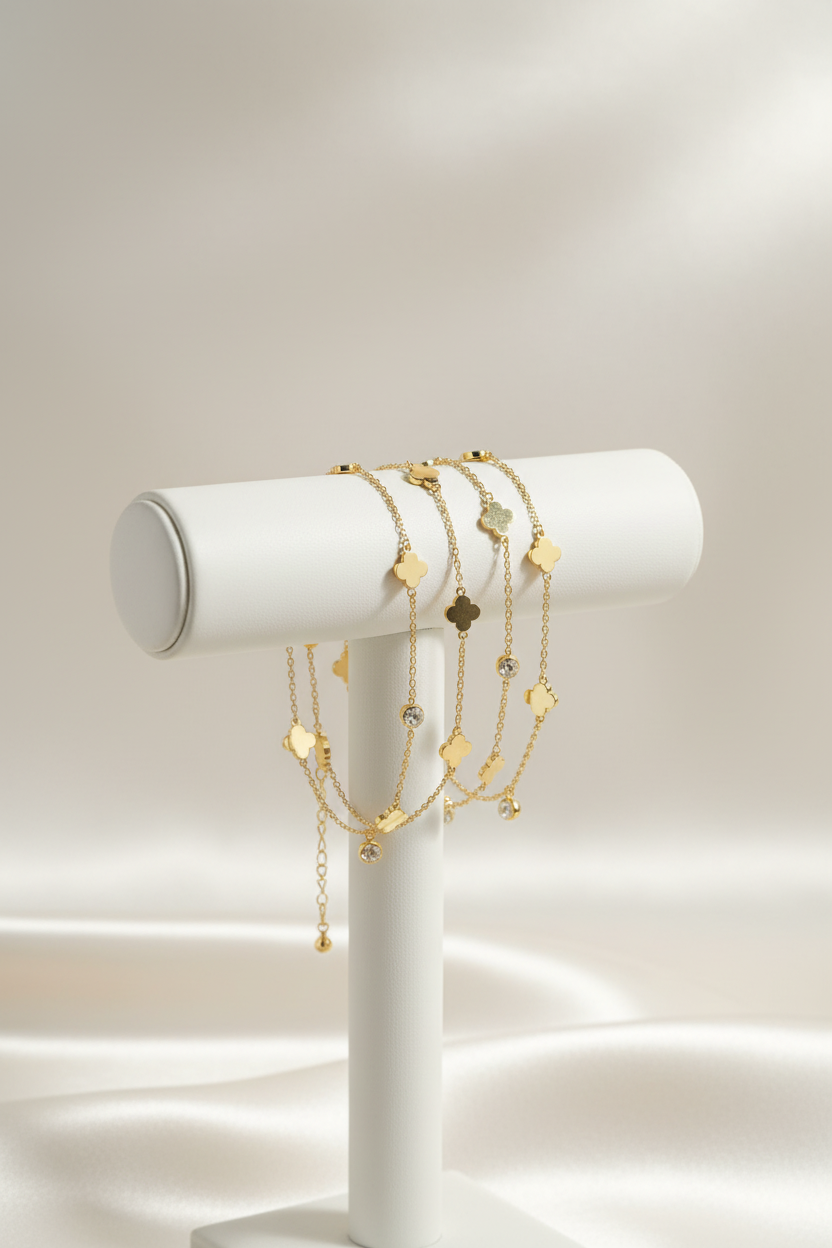 Clover pearl bracelet on stand