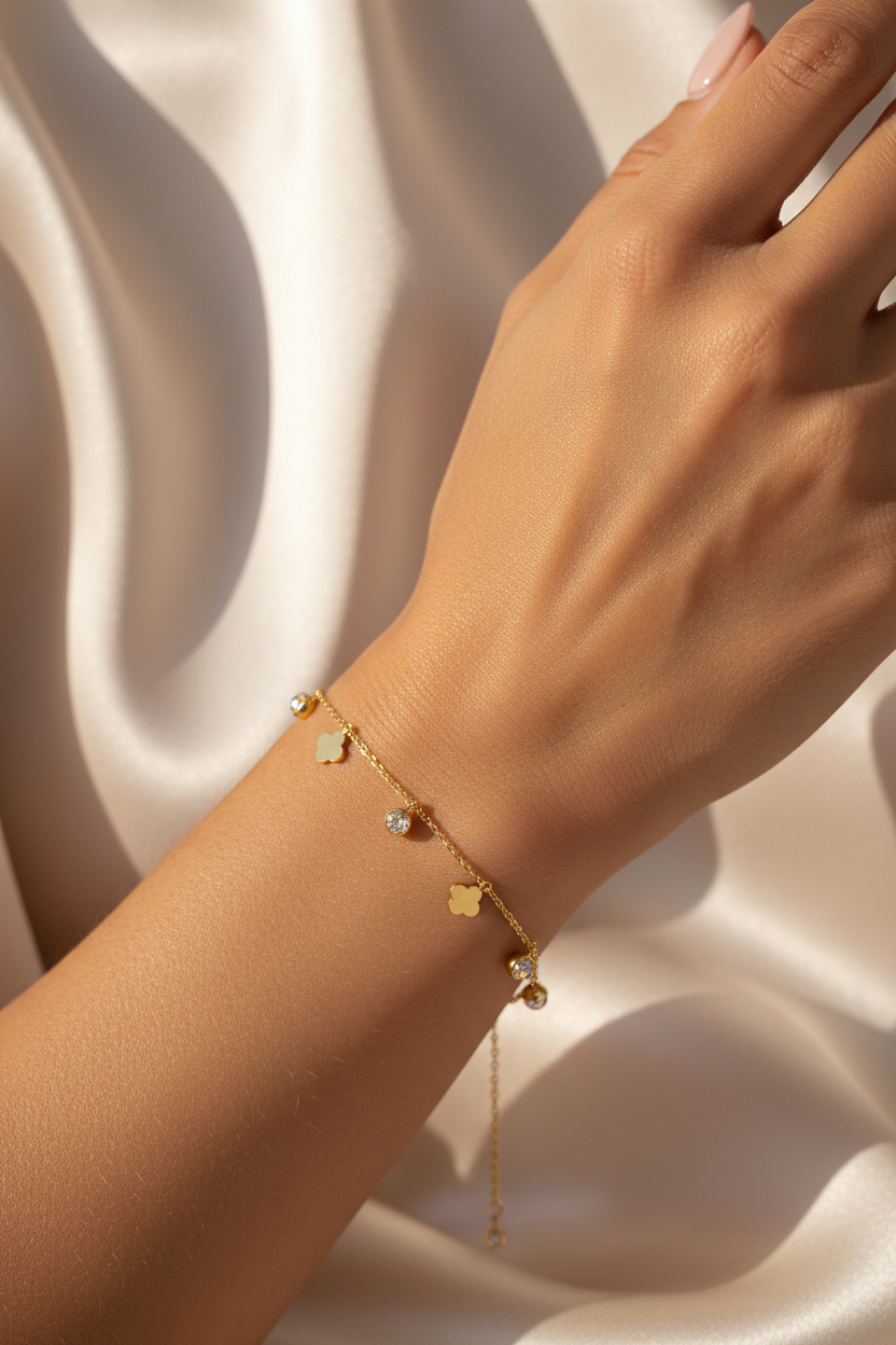 Clover pearl bracelet on wrist