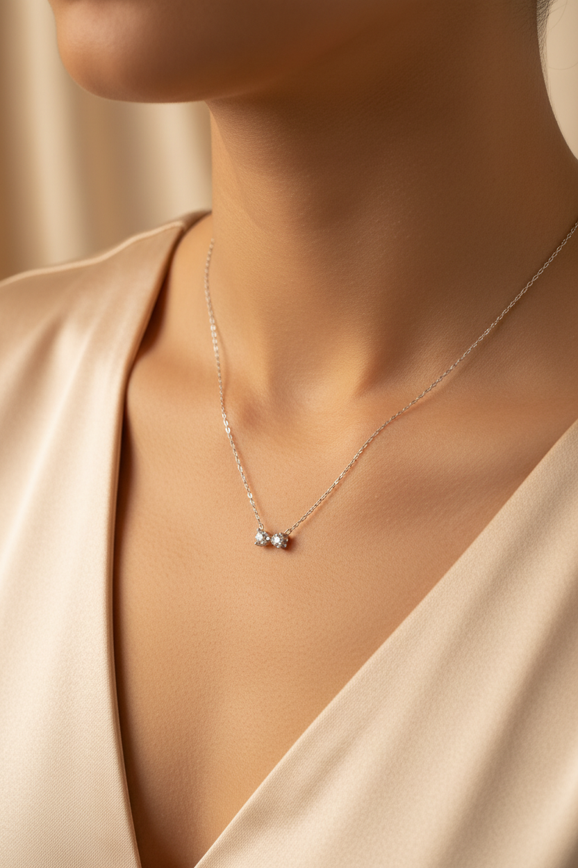 Crystal bow necklace on neck