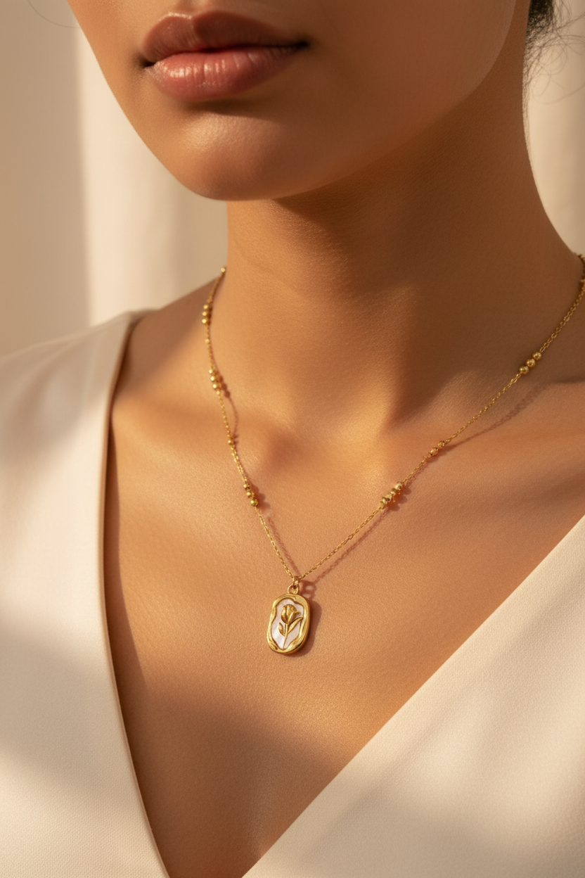 Girl wearing tulip necklace