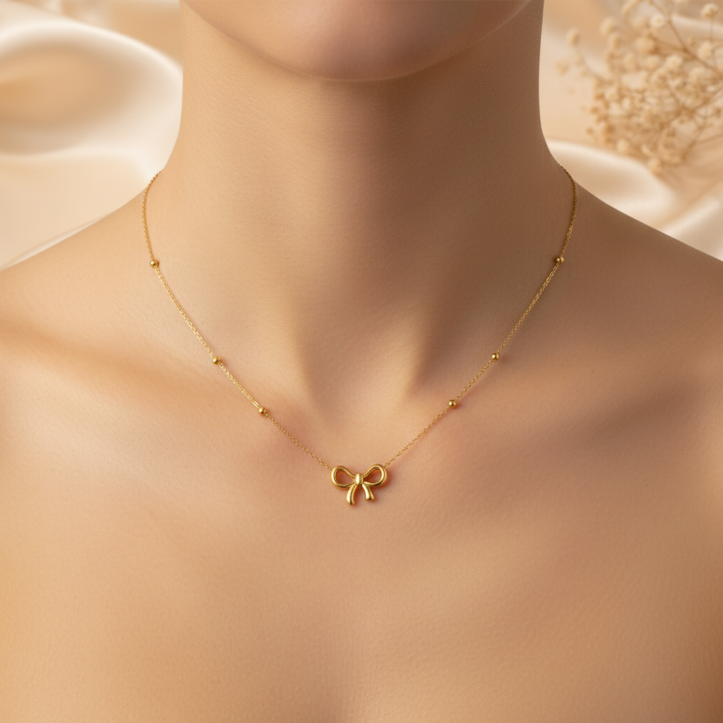 Gold Bow Necklace on Neck