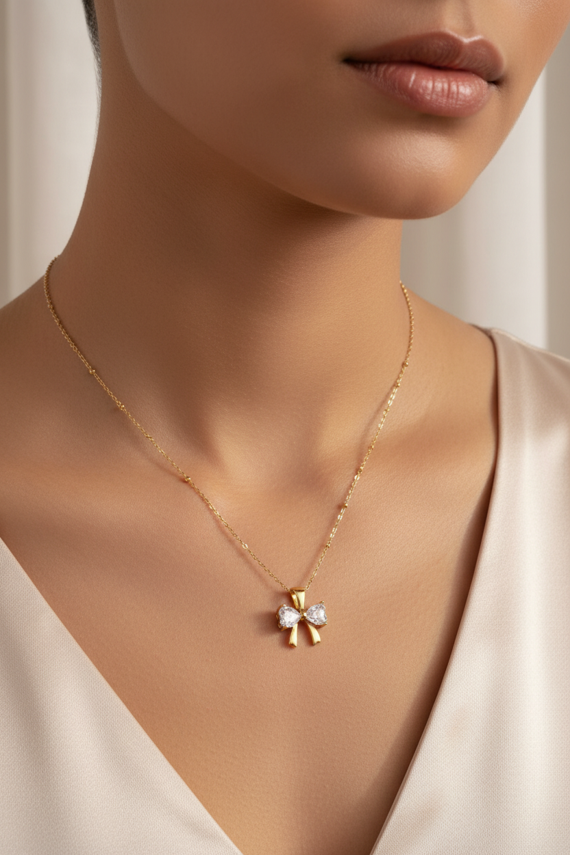 Gold bow necklace on neck