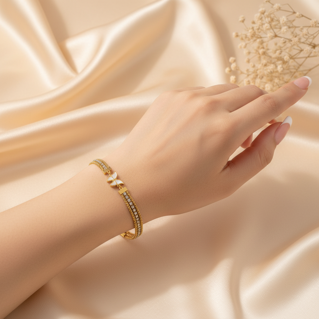 Gold Butterfly Bracelet - Wrist Cream Background