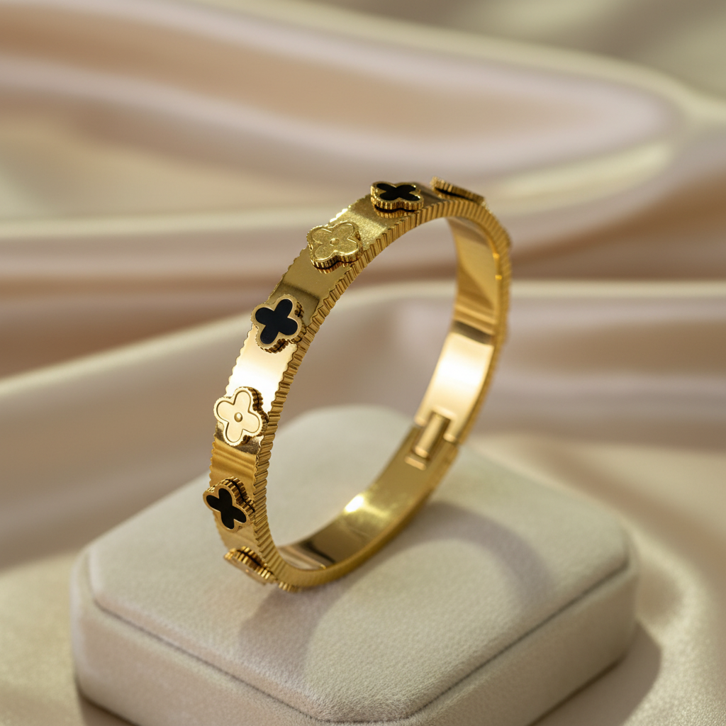 Gold Clover Bracelet on Stand