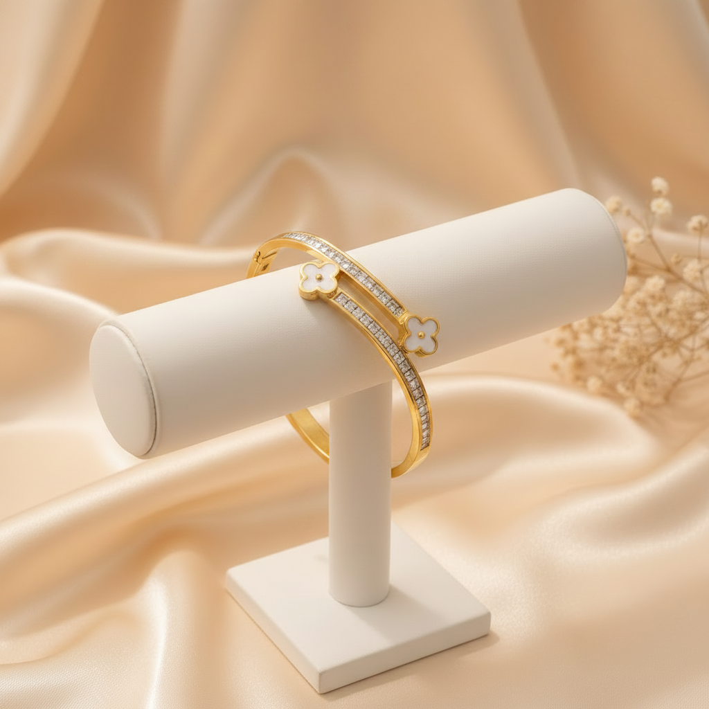 Gold Clover CZ Bangle on Stand - Corrected Design