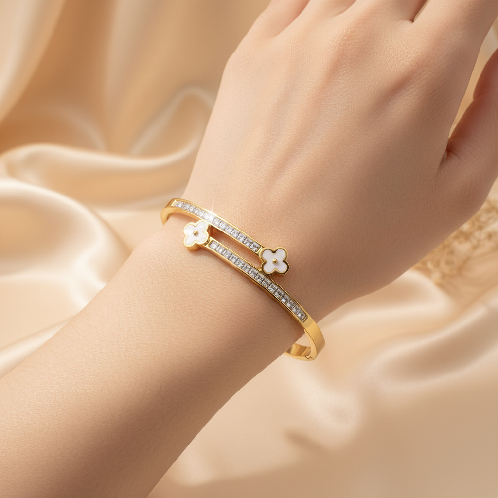 Gold Clover CZ Bangle - Realistic Hand