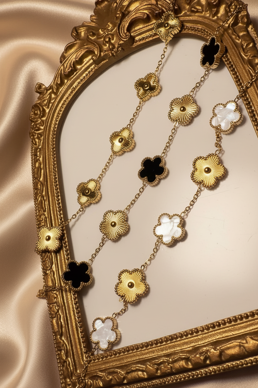 Gold Clover Necklaces on Frame New Background