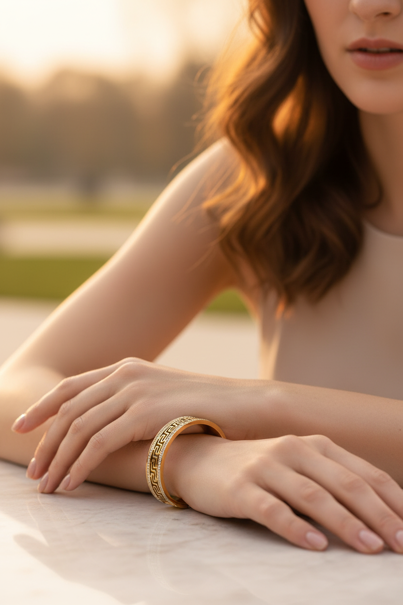 Greek Key Bangle - Golden Hour Lifestyle
