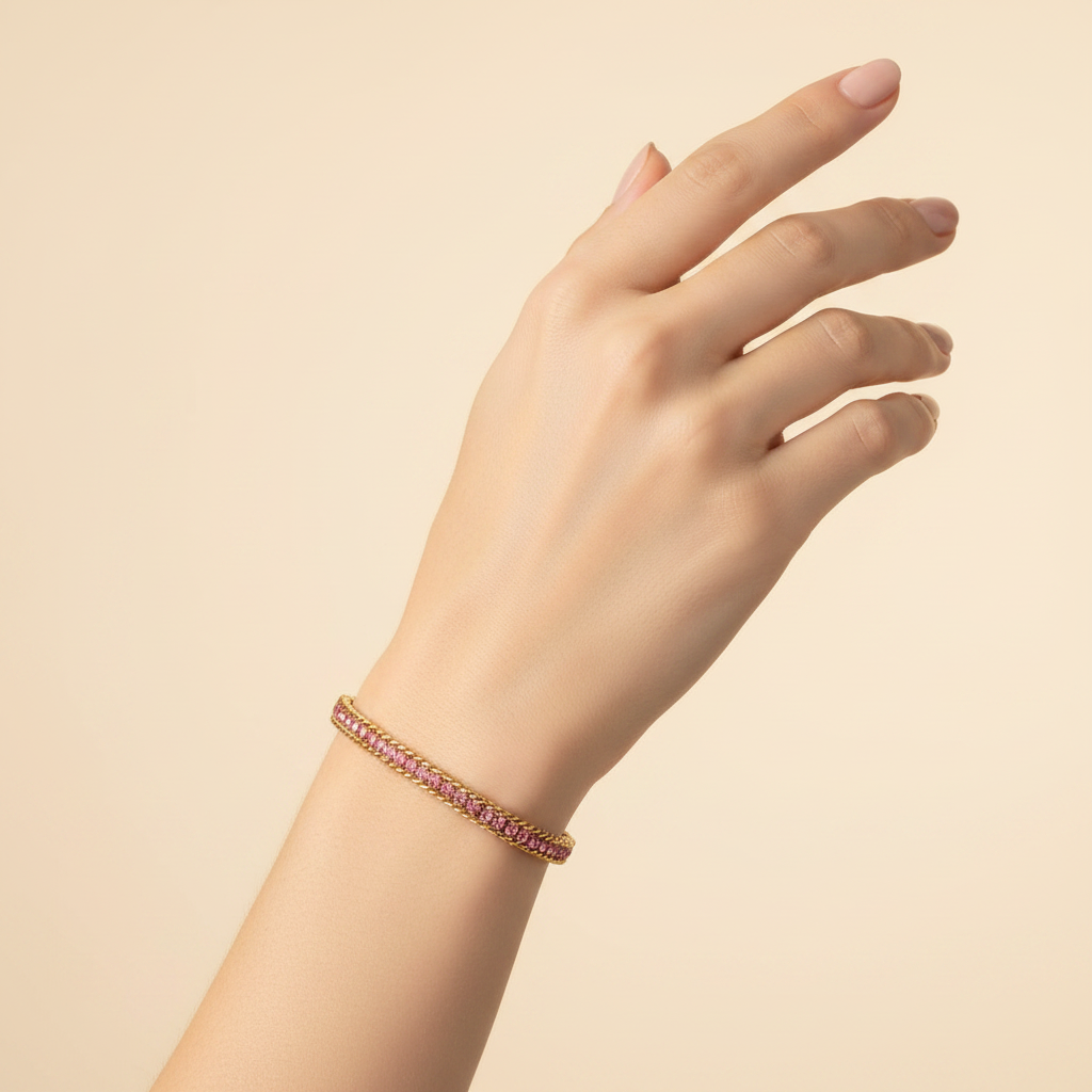 Pink Crystal Gold Bracelet on Woman's Wrist
