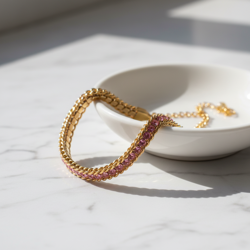 Pink Crystal Gold Bracelet - Realistic Flat Lay