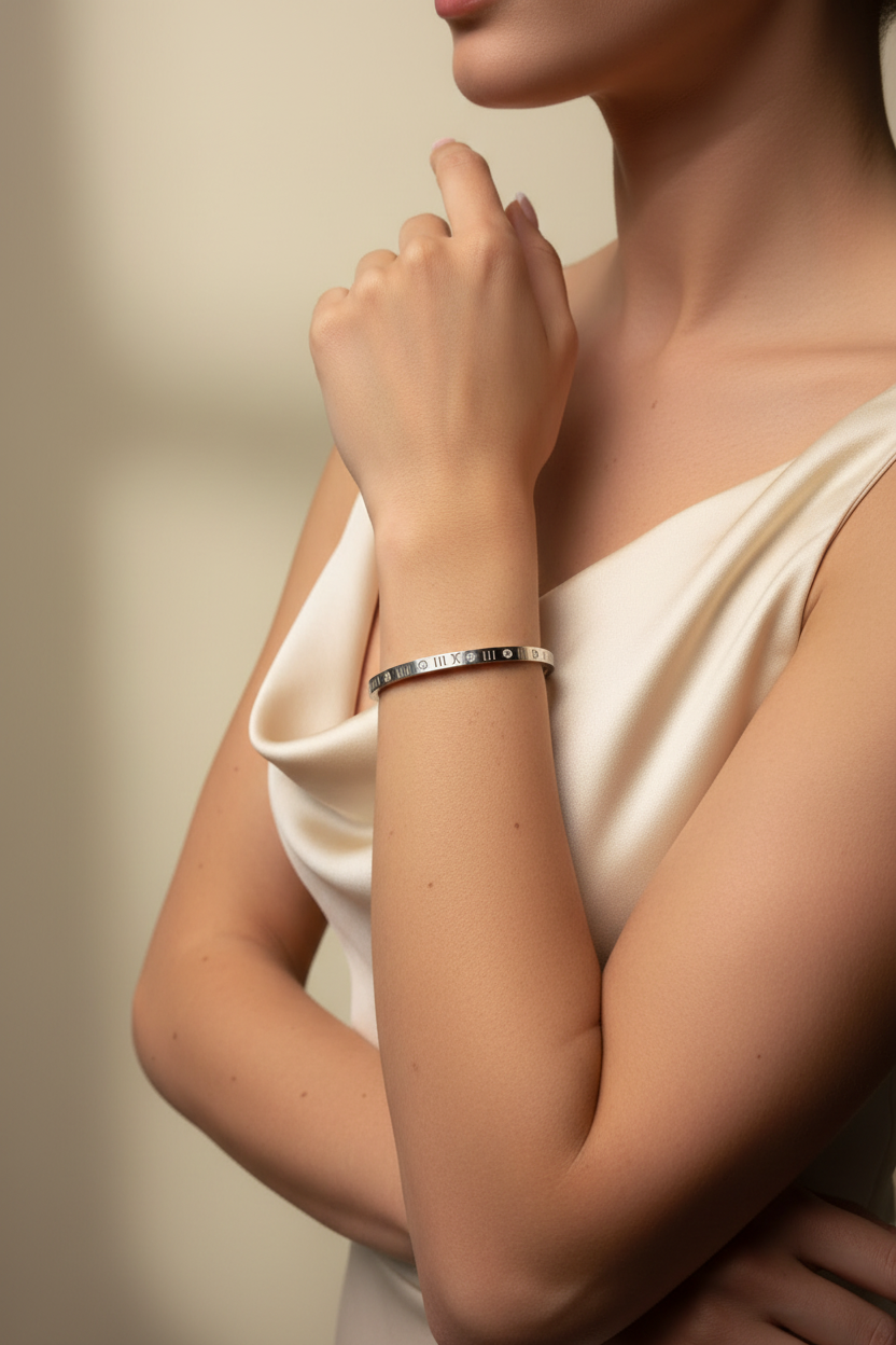 Silver Roman Numeral Bangle - Woman Wearing