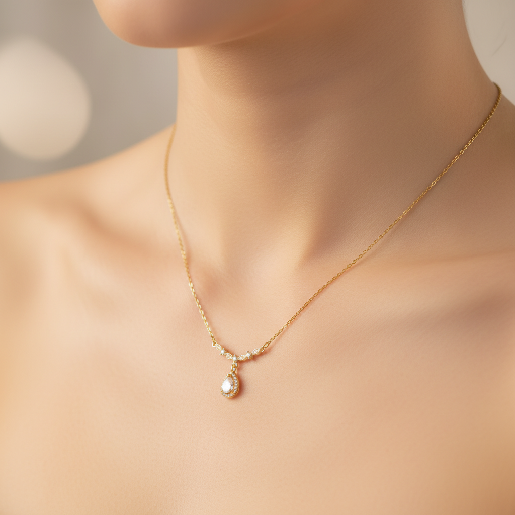 Small Dainty Teardrop Necklace on Neck