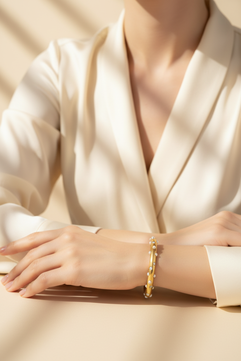 Woman wearing gold crystal cuff bangle